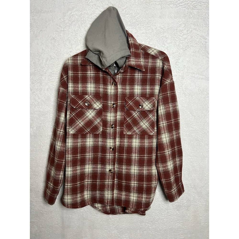 Staccato‎ Plaid Hooded Shacket Jacket Womens Small Burgundy Zip Up